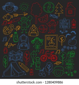 Vector set of camping, hiking icons for little children. School and kindergarten kids vacation.