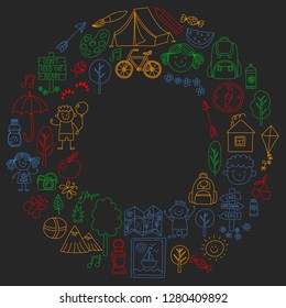 Vector set of camping, hiking icons for little children. School and kindergarten kids vacation.