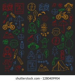 Vector set of camping, hiking icons for little children. School and kindergarten kids vacation.