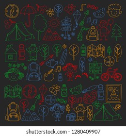 Vector set of camping, hiking icons for little children. School and kindergarten kids vacation.