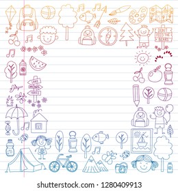 Vector set of camping, hiking icons for little children. School and kindergarten kids vacation.