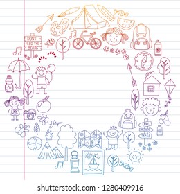 Vector set of camping, hiking icons for little children. School and kindergarten kids vacation.