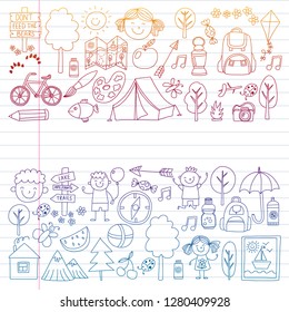 Vector set of camping, hiking icons for little children. School and kindergarten kids vacation.