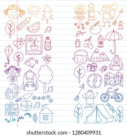 Vector set of camping, hiking icons for little children. School and kindergarten kids vacation.
