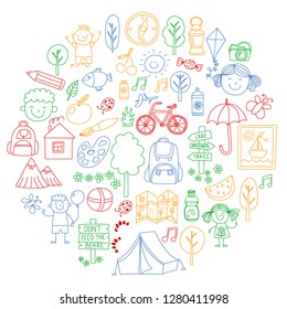 Vector set of camping, hiking icons for little children. School and kindergarten kids vacation.