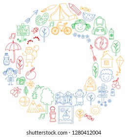 Vector set of camping, hiking icons for little children. School and kindergarten kids vacation.