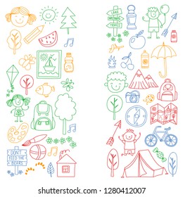 Vector set of camping, hiking icons for little children. School and kindergarten kids vacation.
