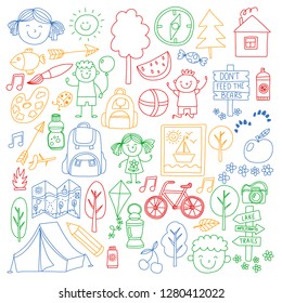 Vector set of camping, hiking icons for little children. School and kindergarten kids vacation.