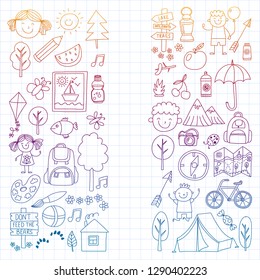 Vector set of camping, hiking icons for little children. School and kindergarten kids vacation.
