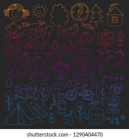 Vector set of camping, hiking icons for little children. School and kindergarten kids vacation.