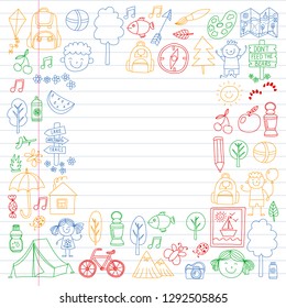 Vector set of camping, hiking icons for little children. School and kindergarten kids vacation.