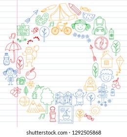 Vector set of camping, hiking icons for little children. School and kindergarten kids vacation.
