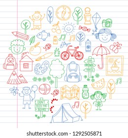 Vector set of camping, hiking icons for little children. School and kindergarten kids vacation.