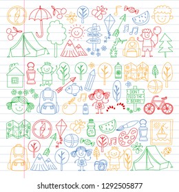 Vector set of camping, hiking icons for little children. School and kindergarten kids vacation.
