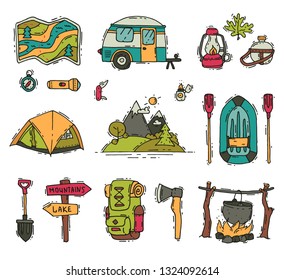 Vector set of camping and hiking objects in doodle style. Tourist equipment. Outdoor recreation. Summer adventure