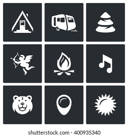 Vector Set of Camping Icons. Camp, Trailer, Forest, Romance, Fire, Music, Animal, Site, Weather. Rest in the woods, isolated symbols on a black background