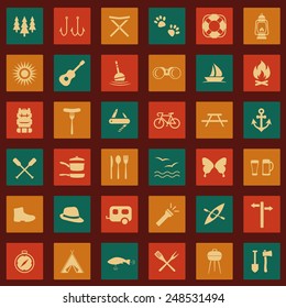 vector set camping icons, travel equipment, tent, compass 