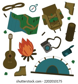 Vector set of camping items - tent, rope, bonfire, compass, map, guitar, boots, camera, canned food. Travel equipment for mountain adventures. Bundle hiking. 