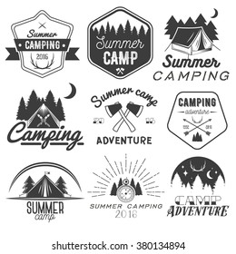 Vector Set Of Camping Labels In Vintage Style. Design Elements, Icons, Logo, Emblems And Badges Isolated On White Background. Camp Outdoor Adventure Concept Illustration.