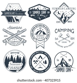 Vector set of camping labels in vintage style. Design elements, icons, logo, emblems and badges isolated on white background. Summer camp outdoor adventure concept illustration.