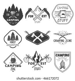 Vector set of camping labels in vintage style. Design elements, icons, logo, emblems and badges isolated on white background. Camp outdoor adventure concept illustration.