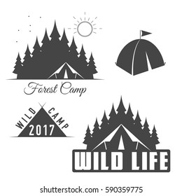 Vector set of camping labels in vintage style. Design elements, icons, logo, emblems and badges isolated on white background. Camp outdoor adventure concept illustration.