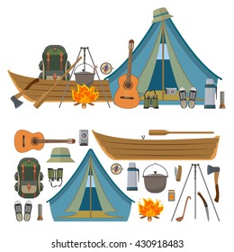 Vector set of camping objects and tools isolated on white background. Camp equipment icons, tourist tent, boat, backpack, fire, guitar.