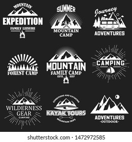 Vector set of camping, outdoor adventure, mountain expedition, kayak tours, forest camp vintage white logos, emblems, labels and badges on black background.