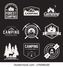 vector set of camping and outdoor adventure vintage logos, emblems, silhouettes and design elements with grunge textures