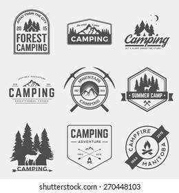 vector set of camping and outdoor adventure vintage logos, emblems, silhouettes and design elements