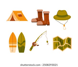 Vector conjunto de camping y Ocio al aire libre. Ocio, deporte y actividades al aire libre. Ilustración vectorial aislada sobre fondo blanco