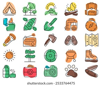 vector set of camping stuff. Flat style simple illustration of countryside design icons. Use for outdoor design, textile, fabric, pattern, print, postcard, poster, children’s book, web