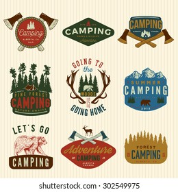 vector set of camping vintage logos, emblems, silhouettes and design elements. logotype templates and badges with mountains, forest, trees, tent, axes, bear, deer. outdoor activity symbols