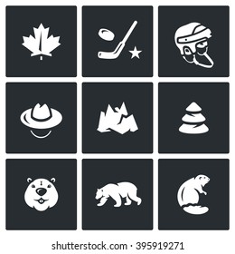 Vector Set of Canada Icons. Maple Leaf, Hockey, Helmet, Scout, Mountain, Forest, Beaver, Polar Bear. Nature, sport and animals of northern Canadian country.