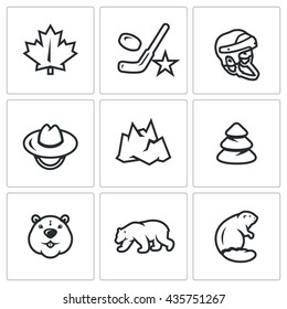 Vector Set of Canada Icons. Maple Leaf, Hockey, Helmet, Scout, Mountain, Forest, Beaver, Polar Bear. Nature, sport and animals of northern Canadian country.