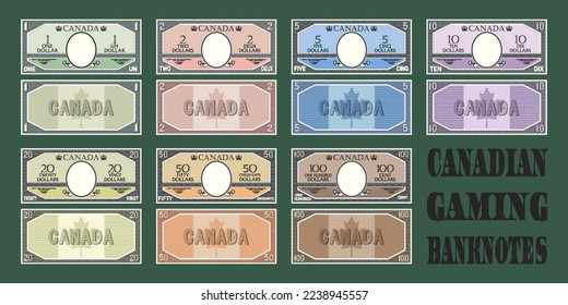 Vector set of Canadian gaming banknotes. The inscriptions in French mean one, two, five, ten, twenty, fifty and one hundred dollars. Samples of North American banknotes for the game with an empty oval