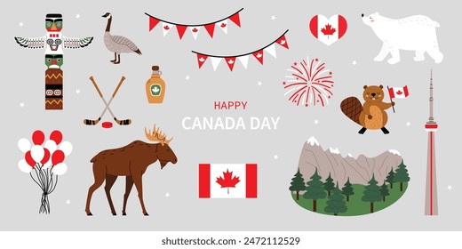 Conjunto de Vectores canadienses para el Día de Canadá: tótem, sirope de arce, castor, alce y bandera de Canadá, oso del norte, montañas. Fondo aislado gris. Estilo plano.