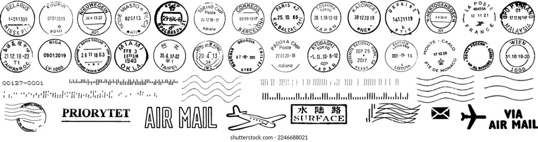 Vector set cancellation postal stamps from different countries, envelope and parcel stamps