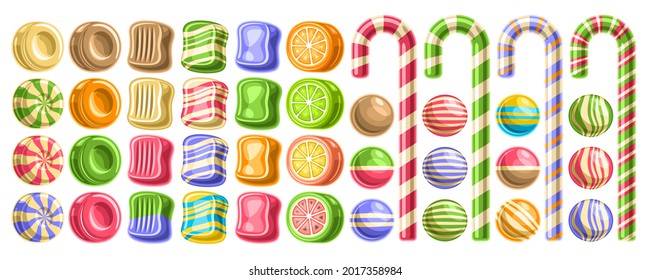 Vector set of Candies, lot collection of cut out illustrations of different vivid candy and cute cartoon jelly, banner with group of isolated tasty fruity candy for kids holiday on white background.