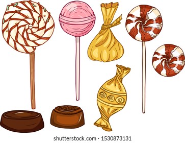Vector set of candies. Lollipops, chocolates in a gold wrapper and without a wrapper.