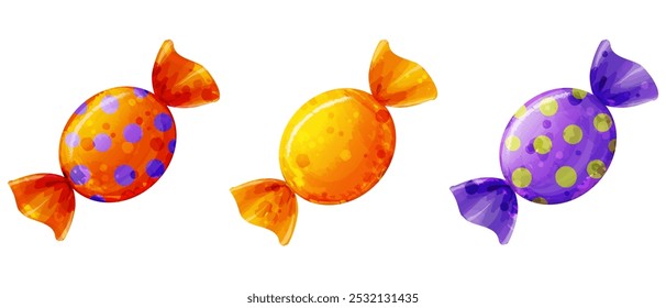 Vector set of candies in wrappers. Cute watercolor sweets illustrations