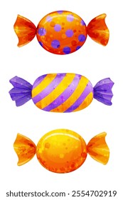 Vector set of candies in wrappers. Cute watercolor sweets illustrations