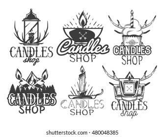 Vector set of candle shop labels. Isolated logos, badges, emblems in vintage style. Monochrome colors