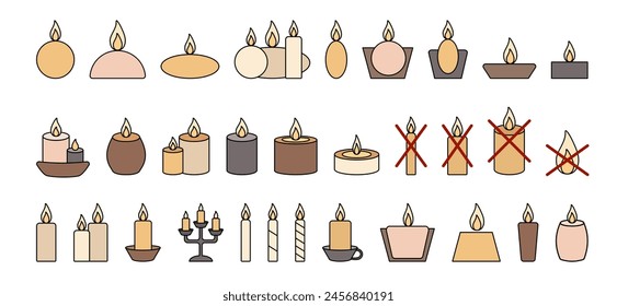 Vector set candles color icons. Candles stroke symbols rectangular, round, trapezoid. Crossed out candle. Elements design for spa, relaxation, holiday, celebrate card.