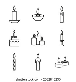 Vector set of candles icons. Black linear symbols on a white background. Editable stroke.