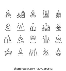 Vector set of candles icons. Black linear symbols on a white background. Editable stroke.