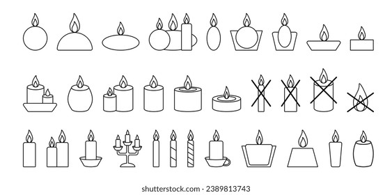 Vector set of candles icons. Black stroke line. Candles stroke symbols rectangular, round, trapezoid. Crossed out. Elements design for spa, relaxation, awareness. For card, cover, flyers, posters.