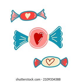 Vector set, candy caramels with a heart in doodle style, 80s style, Valentine's day, isolated element. Romantic illustration for postcards, stickers, print on clothes.