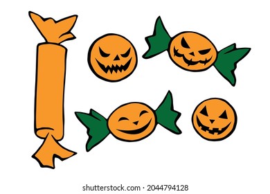 Vector Set of candy in different wrappers in Halloween style. Holiday design elements, clipart, isolated