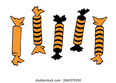 Vector Set of candy in different wrappers in Halloween style. Long striped lollipops, orange and black. Holiday design elements, clipart, isolated